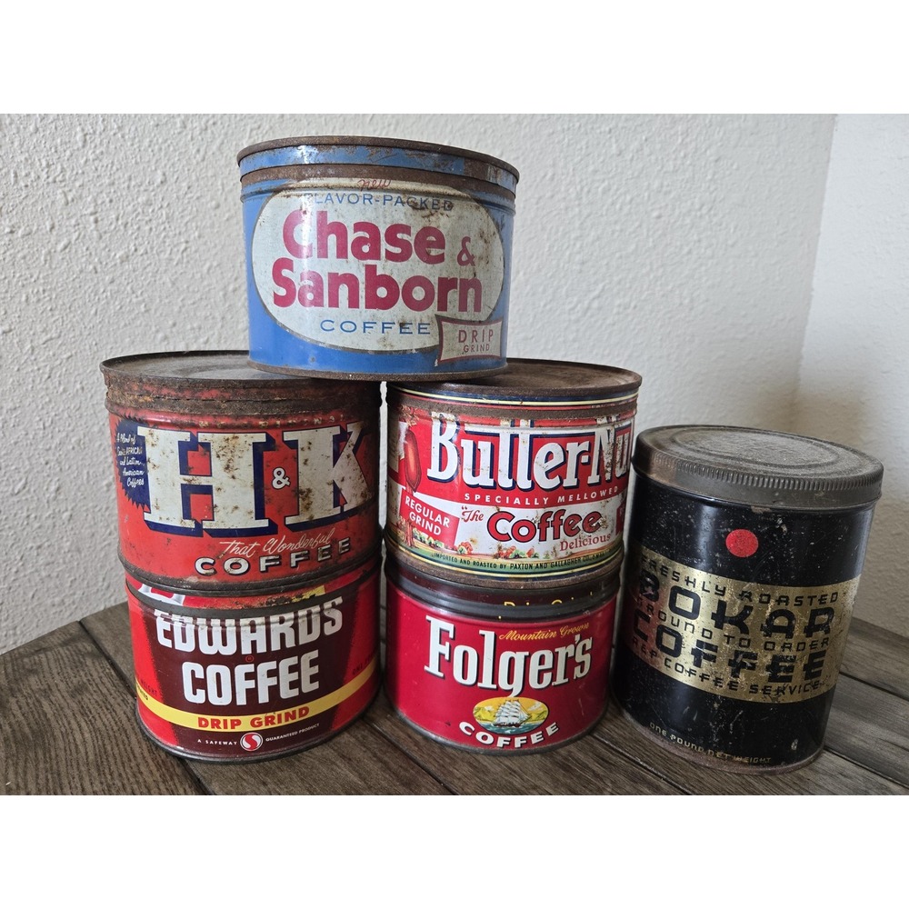 Lot Of 6 Vintage Coffee Can Tins Chase & Sanborn Folgers H & K Bokar Metal Lid